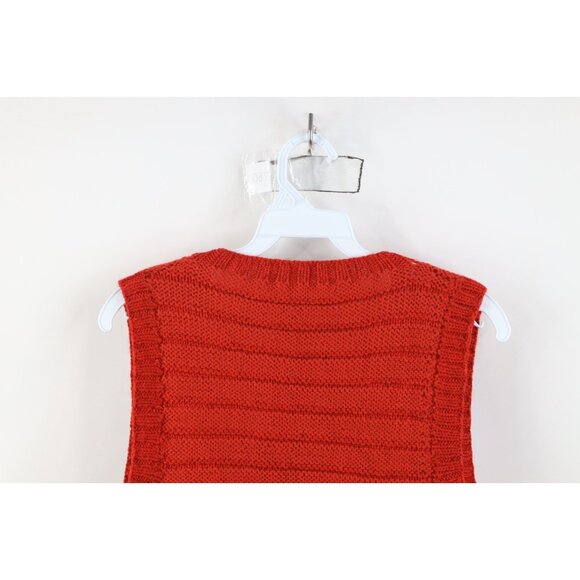 Vintage 60s Streetwear Womens Small Hand Crochet Open Front Sweater Vest Red - Picture 9 of 10